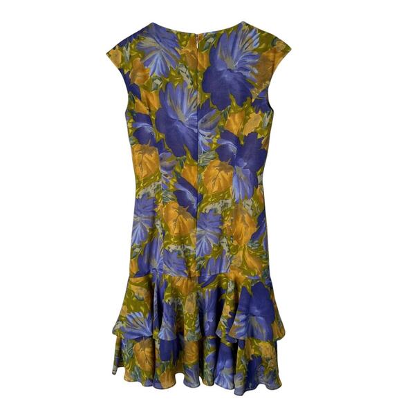 Vintage 80s Purple Orange Floral Cocktail Dress Ruffle‎ Hem Cap Sleeves, Small - Picture 6 of 10